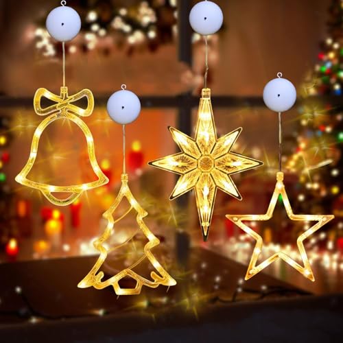 4 Piezas Luces LED de Navidad con Ventosa,Luces de ventana de Navidad Led,Luces de Navidad Interior LED a Pilas,para Decoración Fiestas Navideñas Interiores Exteriores