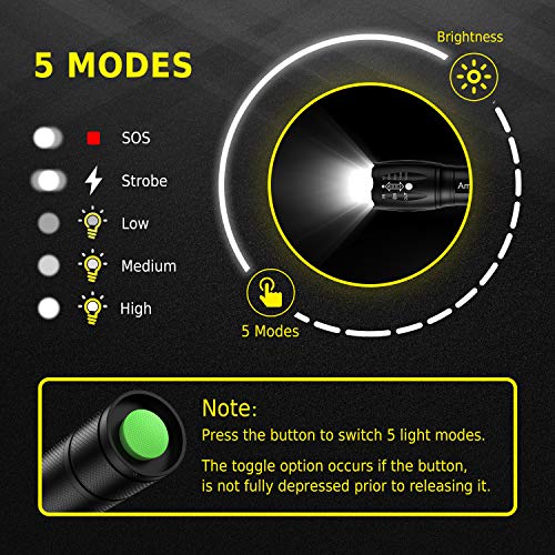Flashlights [2 Pack], LED Tactical Flashlight S1000 - High Lumen, 5 Modes, Zoomable, Water Resistant, Handheld Light - Best Camping/Outdoor/Hiking/Emergency/Gift-Giving (Batteries Not Included)(Black) - Thumbnail 3