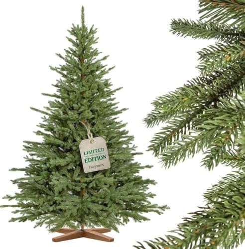 FairyTrees Árvore de Natal Artificial 150 cm Baviera Abeto Premium | Elementos Moldados por Injeção | Feito à Mão na UE | Árvore de Natal com Suporte de Madeira de Freixo