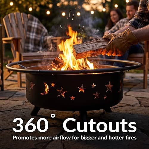 Image of Sunnydaze Cosmic 42-Inch Large Outdoor Fire Pit - Wood-Burning Firepit for Outside Patio, Backyard, Deck - Steel - Wood Grate, Spark Screen, and Fireplace Poker Included - Black - 31 inch Bowl Diameter