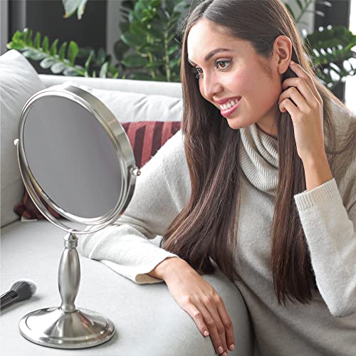 Image of OVENTE 8'' Tabletop Makeup Mirror with 1X /7X Magnification, 360 Swivel Design and Double-Sided Free-Standing Vanity Mirror Perfect for Dresser, Bedroom and Office Desk, Nickel Brushed MNLAT80BR1X7X