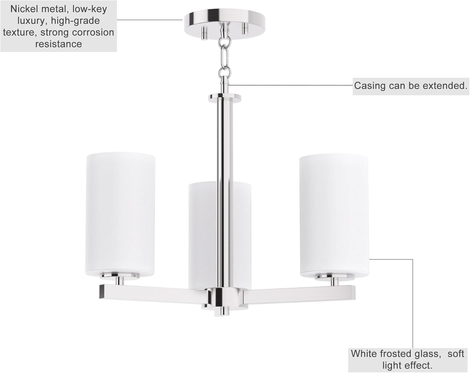 Terperinci view of chandelier components including ceiling plate, chain, and rod connections