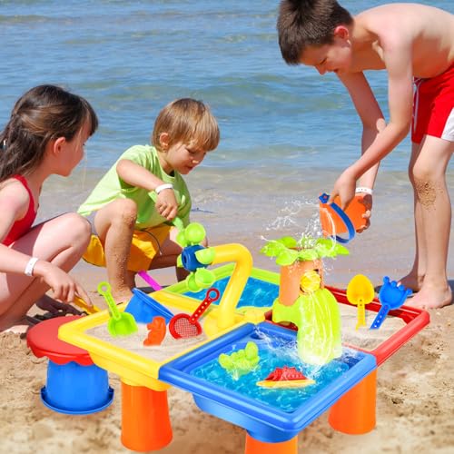 JONRRYIN 4 IN 1 Sand Wasserspieltisch, Wassertisch Strandspielzeug, Matschtisch Strandtisch für Kinder, Sandkastentisch Kinder, Wasser Outdoor Aktivität Sommer Sand Spielzeug für Mädchen Junge