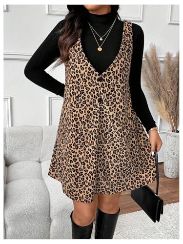 SOLY HUX Women's Plus Size Leopard Print V Neck Short Dress Sleeveless Overall Flowy Fall Dresses4