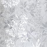 Floral Leaves Grey Silver Wallpaper - Botanical Leaf Naturistic Metallic Shine Effect - Stylish Trendy Feature Wall