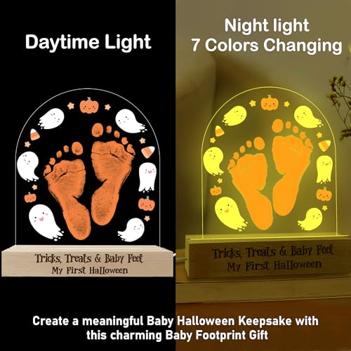 Image of DIY My First Halloween Footprint or Handprint Art Signs, Baby First Halloween Night Light, Kids Crafts Memory Keepsake Tricks, Treats, Feet Milestone Announcement Nursery Baby Boy or Girl's Bedroom