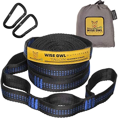 Wise Owl Outfitters Talon Hammock Straps - Combined 20 Ft Long, 38 Loops W/ 2 Carabiners - Easily Adjustable, Tree Friendly Must Have Gear For Camping Hammocks Like Eno Black With Blue Stitching Cover