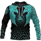 Tattoo Wikinger Rune Krähe Rabe Von Odin Hoodies für Männer, 3D Digital Printed Totem Langarm Dünner Pullover Hoodie,Blau,M