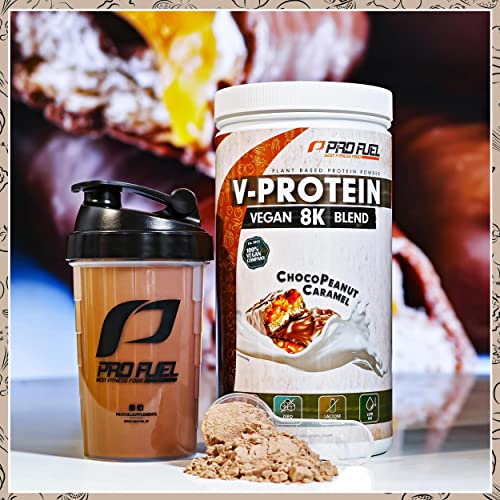 Vegan Protein – Schokolade-Erdnuss-Karamell - V-Protein 8K Blend - unglaublich lecker & cremig - aus Sonnenblume, Reis, Erbse, Hanf, Kürbis uvm. - pflanzliches Proteinpulver mit 73% Eiweiß
