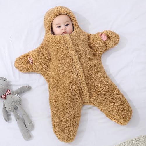 Image of Baby Starfish Onesie, Thick Imitation Fleece Starfish Newborn Romper, Infant Footie Jumpsuit Winter Warm Outfits(Khaki,2-6 Months)