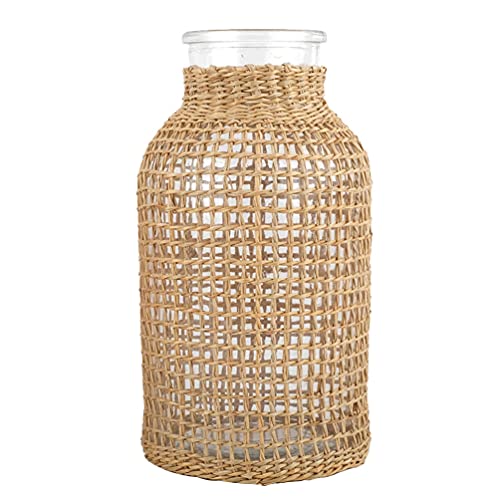 Veemoon 1pc Rattan Woven Glass Flower Vase Decorative Japanese Style Flower Vase Woven Vase Floral Container Table Centerpiece Decor Light Brown