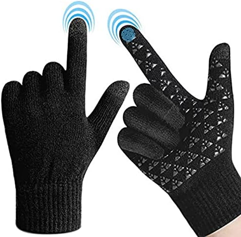 Winter Gloves for Women and Men Touchscreen -Windproof warm elastic cuff - Thermal soft warm lining - Knit stretchy material - Anti-Slip Triangle Silicone Design, Black, One Size