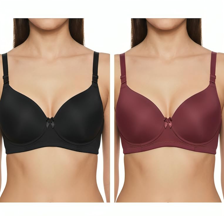 Image of Imsa Moda Women's Stretchable Lightweight Lightly Padded Full Coverage Wire Free T-Shirt Bra Combo Pack of 2