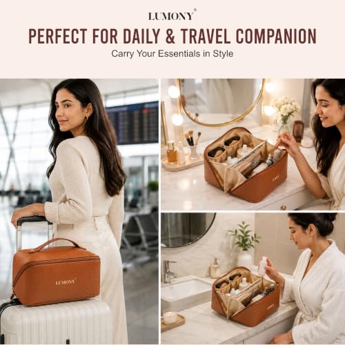 Image of LUMONY Makeup Pouch Bag Leather Large Capacity Travel Toiletries Organizer Cosmetic Bag with Handle and Divider Multifunctional Makeup Bag for Easy Access Waterproof (Brown)