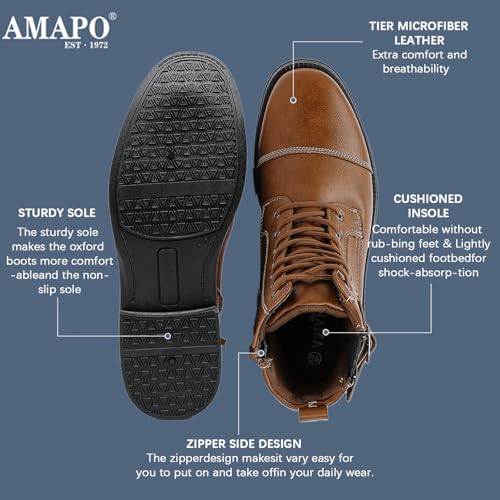 Image of AMAPO Men Oxford Boots, Buckle Dress Boot, Casual Men Boots Lace-Up Side Zipper