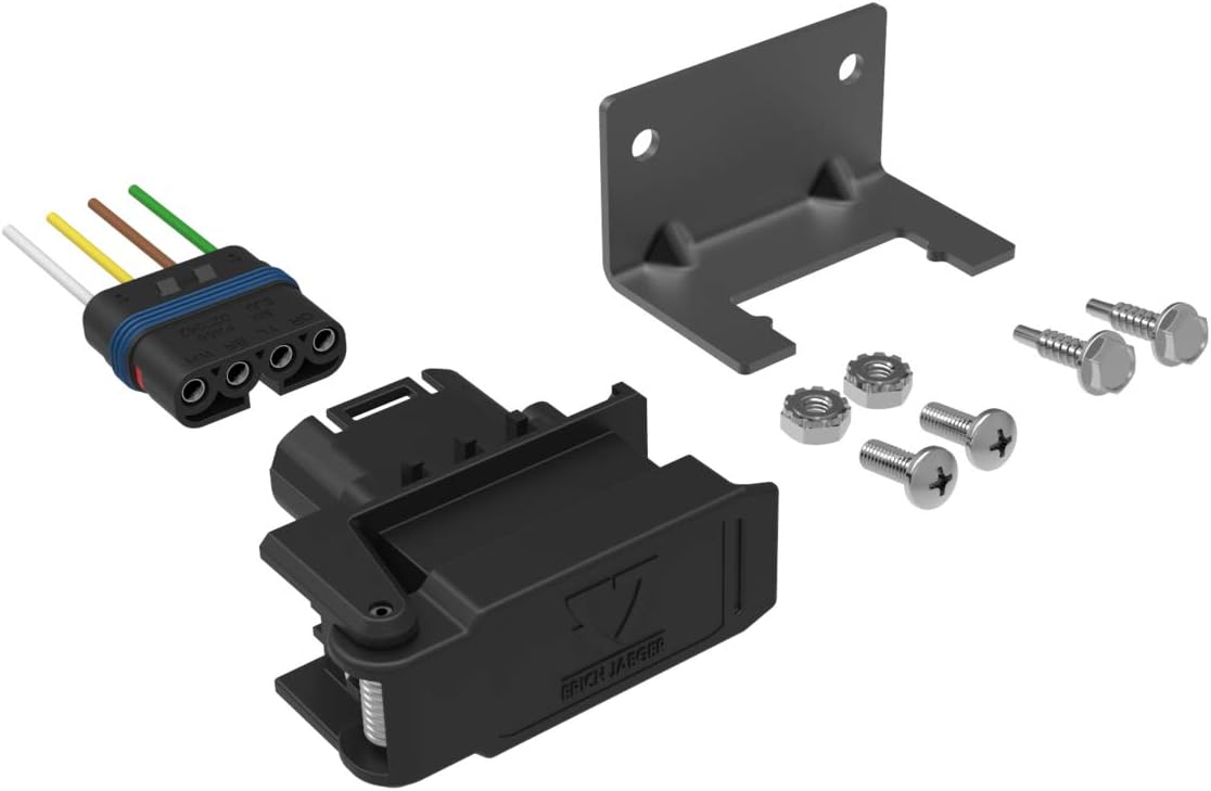 Erich Jaeger Road Tough™ 4-Way Flat Trailer Connector with Snap Self-Closing Lid Cover Heavy-Duty 12V 4-pin Trailer Tow Wire Harness Socket Kit with 7.8" Wires with WeatherLock™