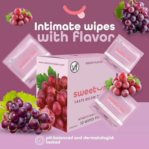 Image of Sweetums Feminine Wipes For Women, Individually Wrapped - pH Balanced Flavored Intimate Wipes - Grape, Pack of 10