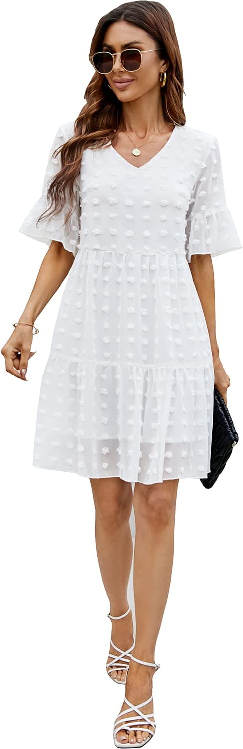 MSLG Women's Chiffon Summer Flowy Mini Dress Casual Short Sleeve Ruffle Swiss Dot Babydoll Tiered Loose Dresses 859 - Image 4