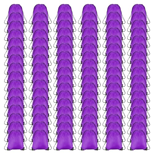 PATIKIL Drawstring Backpack Bulk 100 Pack Draw String Bags 210D Polyester Gym Cinch Sack for Women Men Gym Sport Travel Party, Purple (16.5