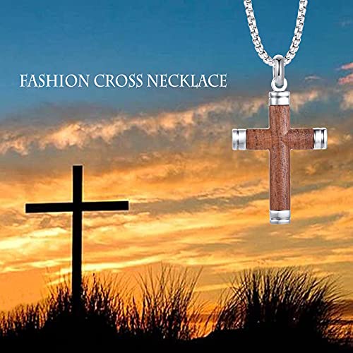 Mens Stainless Steel Hawaiian Koa Wood Cross Pendant Necklace For Christian Baptism,His Gift #TOP1