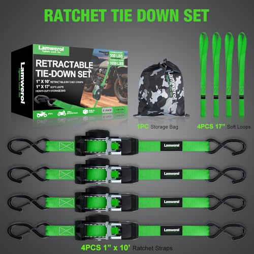 Image of Retractable Ratchet Straps (4-Pack) - 1 Inch x 10 Feet (1,650lb Break Strength) - Heavy Duty Auto Self Retracting Tie Down Straps for Motorcycle, ATV, UTV, Truck, Cargo Trailer - Green