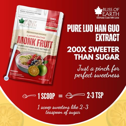 Image of Bliss of Earth Pure Monk Fruit Extract Powder Without Erythritol, Zero Calorie Natural Sugar Free Sweetener, Keto & Diabetic Friendly, Healthy Sugar Substitute for Tea, Coffee, Baking & Cooking, 42.52gm, 850 Servings