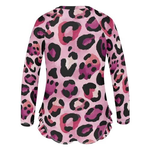 Girls'Swimwear Swimsuit Rash Guard,Pink Leopard Print Pattern Long Sleeve One Piece Bathing Suits for Kids Toddlers,Quick Dry Swimming Suit Zipper 5-6T3