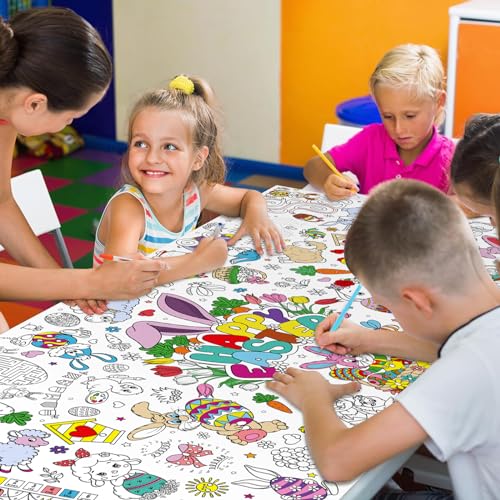 Image of Easter Large Coloring Poster for Kids, Happy Jumbo Coloring Paper Tablecloth, Bunny Eggs Color-in Craft Activities for School Classroom Home Party Supplies Decorations, 30 x 72 Inch