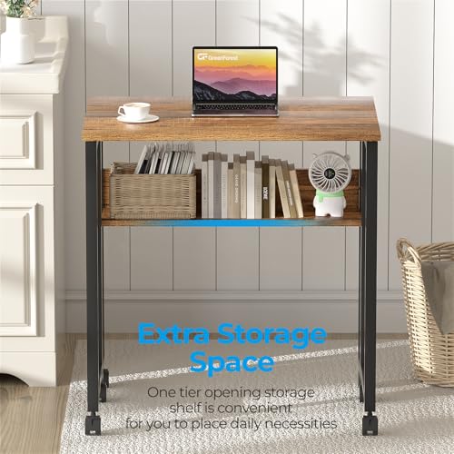 GreenForest Folding Desk Small Rolling Desk with Storage Shelf, 31.5 inch Foldable Computer Desk with Wheels for Small Space, Easy Assembly,Walnut - Thumbnail 5