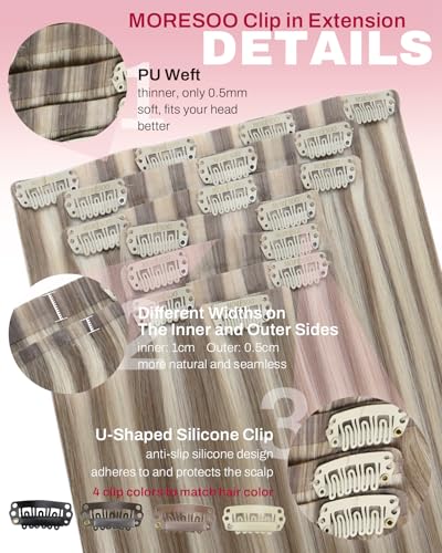 Image of Moresoo Real Human Hair Extensions Clip in Thick Light Ash Brown to Light Blonde Highlights Seamless Clip in Hair Extensions Remy Hair for Women Clips in Extensions Real Hair Long 120g /7pcs 20 inch | Clip in human hair extensions, light ash brown to light blonde, 120g 7pcs, for daily glam, for office to evening styling