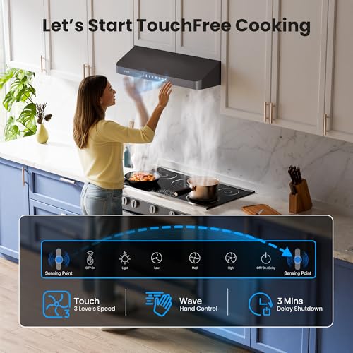 Image of VIKIO HOME Under Cabinet Range Hood 30 Inch, 980CFM Fast Venting Ducted, Kitchen Hood With 3 Speed Gesture Sensing & Touch Control, Stainless Steel Stove Vent Hood With LED Light, Black