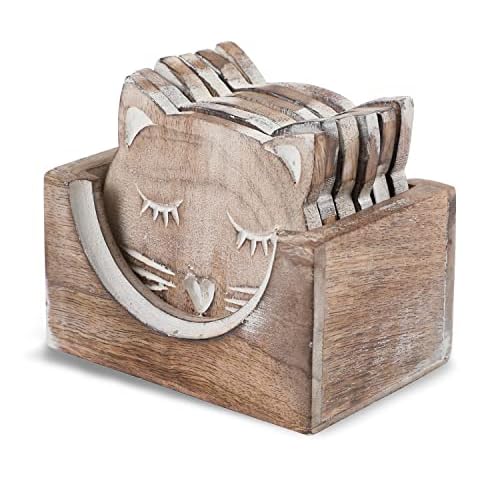 Drink coasters set of 6 with holder - Handmade Wooden coasters for Coffee, Tea, Mugs, Cups, Wine Glasses - Housewarming gift - Premium quality (Cat Design) Cover