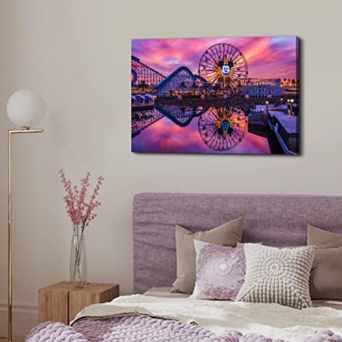 Image of Nature Disney Wall Art Canvas Prints for Living Room, Sunset Disneyland Scenery Picture Decor Purple Mickey Ferris Wheel Landscape Painting Poster Panoramic Artwork Bedroom Kitchen Decoration 24x36 inch