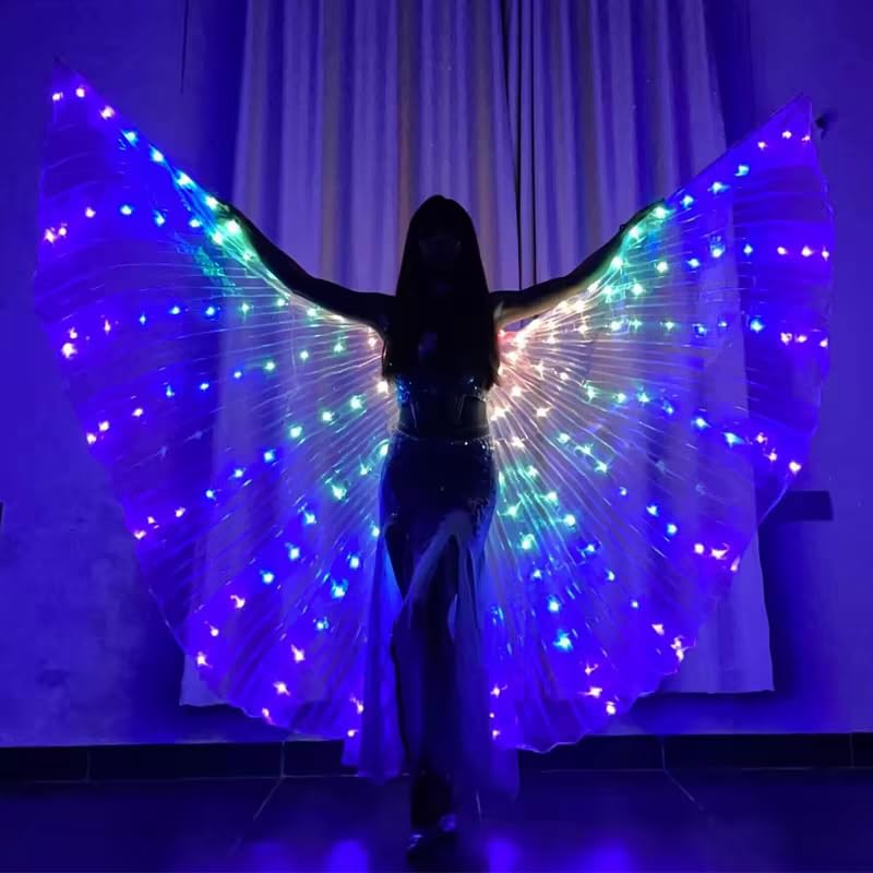 Ailes LED pour adultes - 360° - Avec mode Always-On - Mode clignotant arc-en-ciel - Avec barres télescopiques - Pour Halloween, carnaval, costume, danse du ventre, cosplay (couleur adulte)