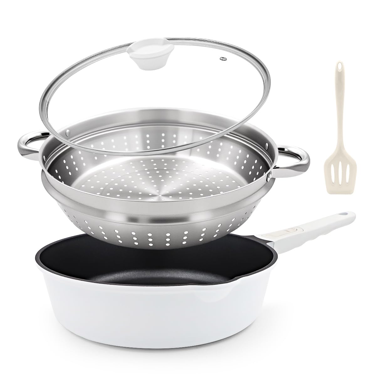 Bobikuke Pfanne mit Deckel Aluminium 4-Teiliges Set Antihaft Pfanne - (Bratpfanne Sauteuse mit Deckel, Dampfgarer, Silikonspatel