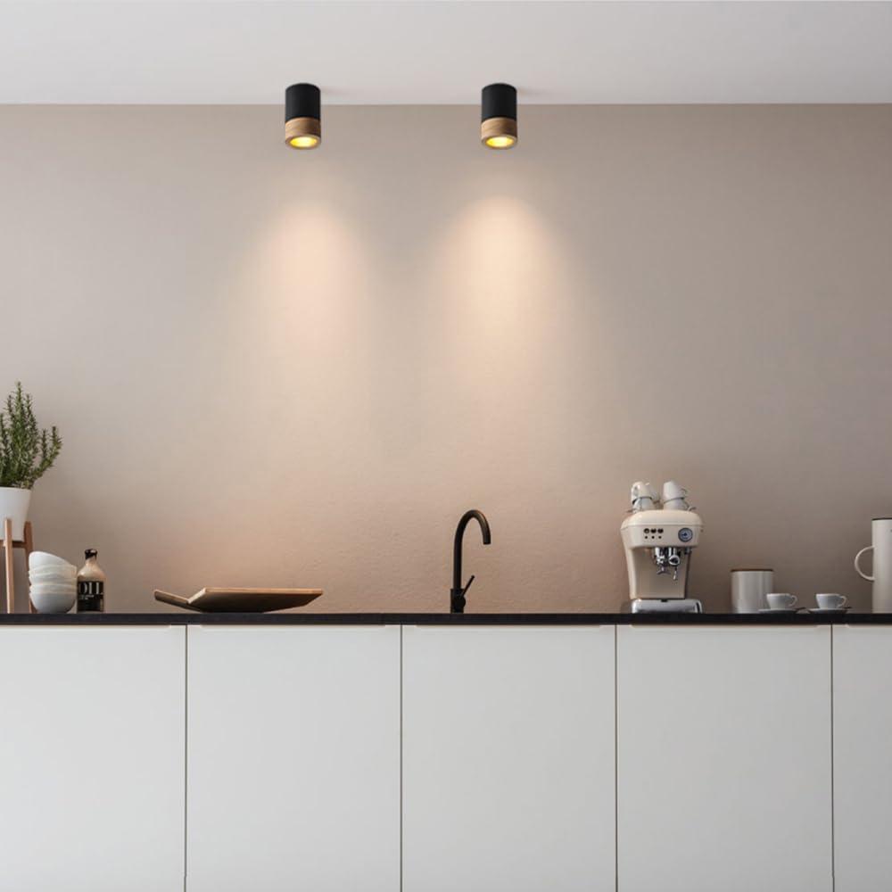 Lampara Techo Focos 2pcs,Lámpara De Techo Industrial Negro,Focos Interior Techo Metal y Madera,Retro Gu10 Lamparas De Techo Dormitorio De Diseño Para Sala De Estar Pasillo Cocina