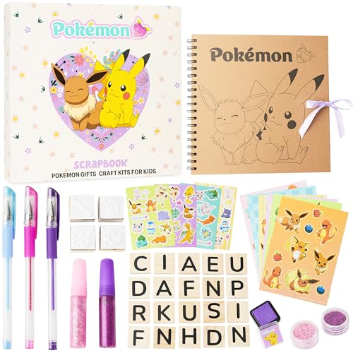 Pokémon Kit Scrapbooking Enfants, All in One avec Stickers, Tampon Encreur, Lettres en Bois, Carnet Spirale et Stylos Gel, Idee Cadeau Papeterie Kawaii