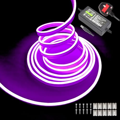 Gcidto Flexible 5M Purple Neon LED Strip Lights，12V DC 600 LEDs Waterproof SMD2835 for DIY Decor Lights for Parties, Bars, Bedrooms, Store Signs(Includes Power Adapter).