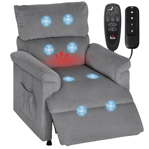 HOMCOM Power Massage Recliner Armchair with Vibration, Heat, Whisper-Quiet Motor and Memory Function, Corduroy Electric Recliner Chair with USB Port, Leg Rest, Remote, Pockets, Reclining Chair, Grey