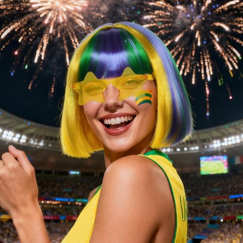Image of ANOGOL Hair Cap + (Sunglasses) Green Blue Yellow Bob Wig with Bangs Womens Green Party Wigs with Sunglasses Short Neon Wig Fun Wigs Halloween Costume Bachelorette Hair Sports Event St Patrick Day