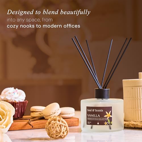Image of Soul & Scents Glass 120ml Vanilla Reed Diffuser Set | Free 6 Fiber Reed Sticks | Stress Relief & Aromatherapy | Long-Lasting, Smoke-Free Air Freshener for Home, Bedroom & Office | Ideal for Gifting