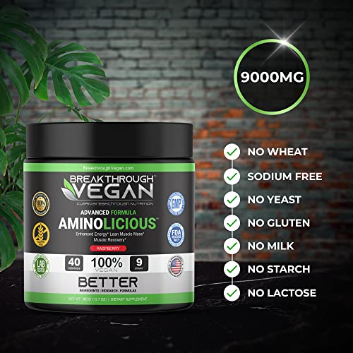 Breakthrough Vegan Aminolicious | Advanced Plant Based Essential Aminos | Essential Amino Acids Supplement For Enhanced Energy | Lean Muscle Mass | Muscle Recovery | 9 Grams | Raspberry #TOP4