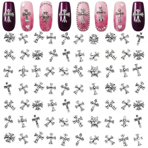 120 Pcs Silver Nail Charms with Curved Back for Snug Comfort Fit 3D Acrylic in 8 Bold Styles for Press-On Gel & Acrylic Nails Silver Cross Nail Charms for Y2K Gothic Party Grunge & Salon Looks
