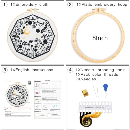 Image of Mystical Embroidery Kits for Beginners Adults, Moon Wild Flowers Embroidery Starter Kit, Floral Stamped Cross Stitch Kits Needlepoint Kits for Beginners Adults, Embroidery Hoop, Thread, Video Tutorial