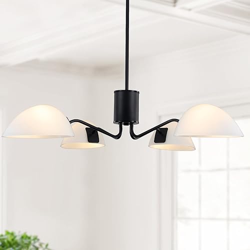 Modern Glass Chandelier for Dining Room Black, Mid Century Modern Chandelier with Glass Shade, 4 Light Sputnik Chandelier Light Fixtures Ceiling Hanging for Bedroom, Kitchen Island, Entryway, Foyer