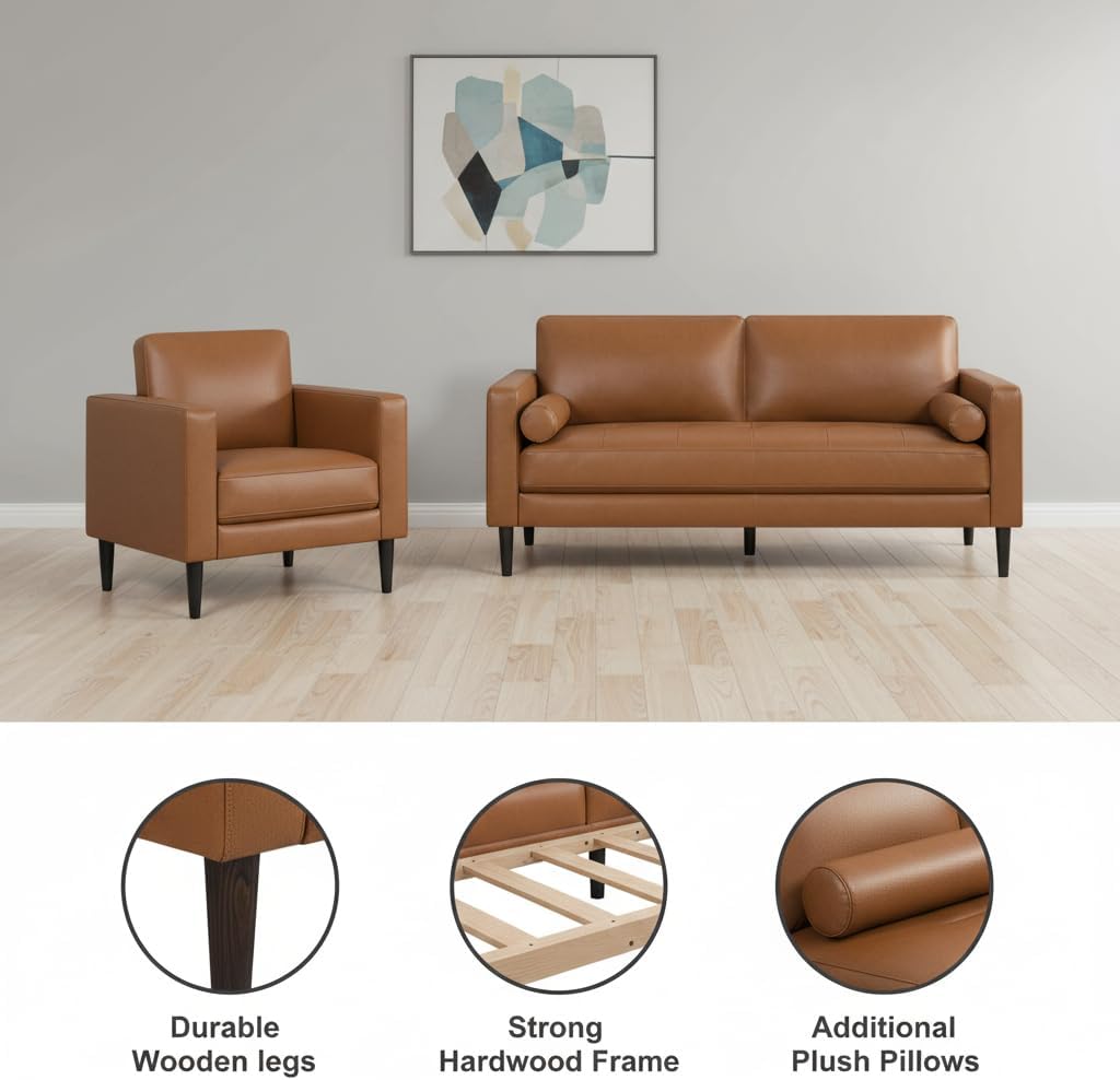 Mid-Century Tan Leather Sofa Set – Modern Classic Comfortable & Durable Living Room Furniture