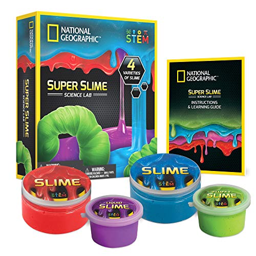 NATIONAL GEOGRAPHIC Super Science Lab â€“ Slime Kit Includes Green Fluffy Slime, DIY Blue & Red Glow-in-The-Dark Slime, Purple Liquid Slime, Containers, Great Stem Toy for Boys & Girls