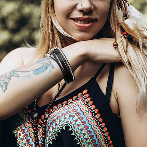 Sanfenly Leather Wrap Bracelets for Women,Boho Wrap Bracelets Leather Cuff Bangle Beads Bracelets Stackable Western Bracelets Jewelry for Women (Gold/Black/Gray/Turquoise)3