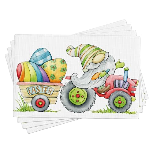 Set di 4 tovagliette rettangolari pasquali primaverili con uova nane e erba, in lino verde e bianco, antimacchia, lavabili, impermeabili, per feste, ristoranti, 30,5 x 45,7 cm