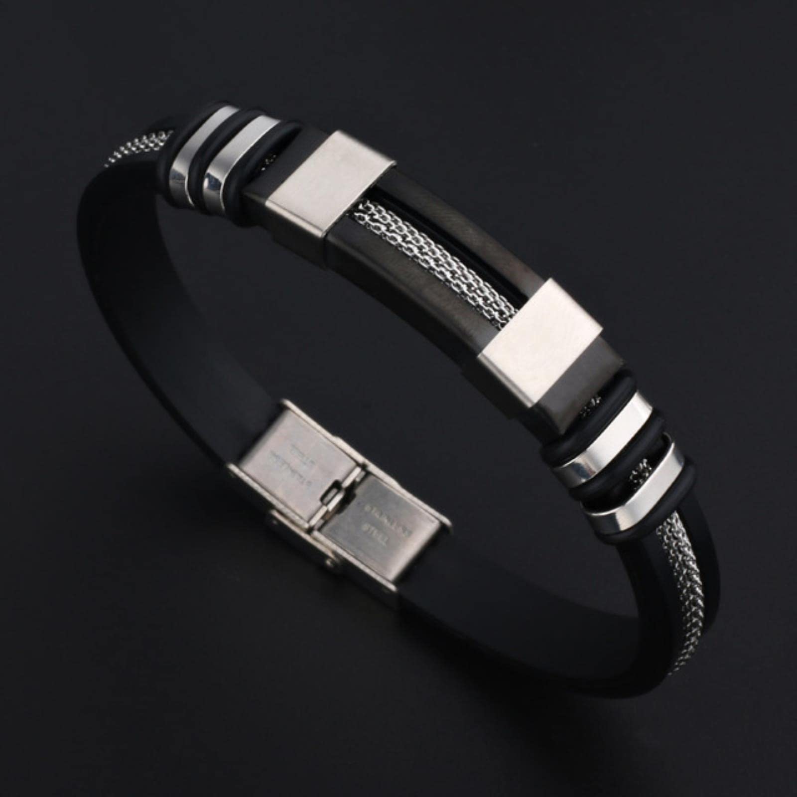 Simple Titanium Steel Bracelet Men's Wristband Black Slot Silicone Mesh Chain Punk Wristband Fashion Casual Bracelet